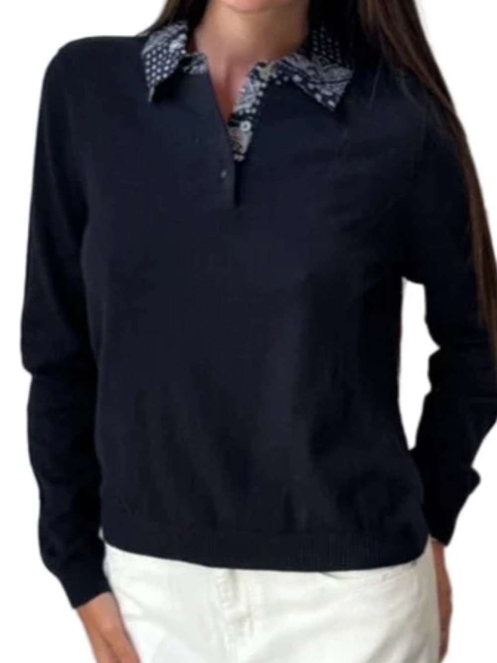 Minnie Rose Black Long Sleeve Polo Sweater with Patterned Collar
